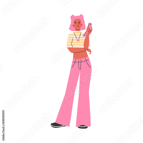 U2K retro fashion. A girl with pink hair is wearing a short top and pink flared jeans.