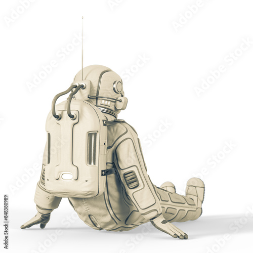 astronaut is resting on the flor on rear view