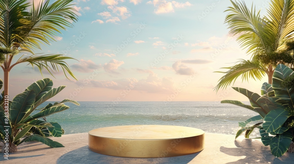 Minimal modern product display golden podium on beach Minimal modern product display golden podium on beach