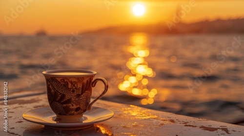 A hot Turkish coffee cup as the sun sets and the azure waves of the beach stretch out. Picture of an idea of independence, relaxing on vacation, and relaxation.