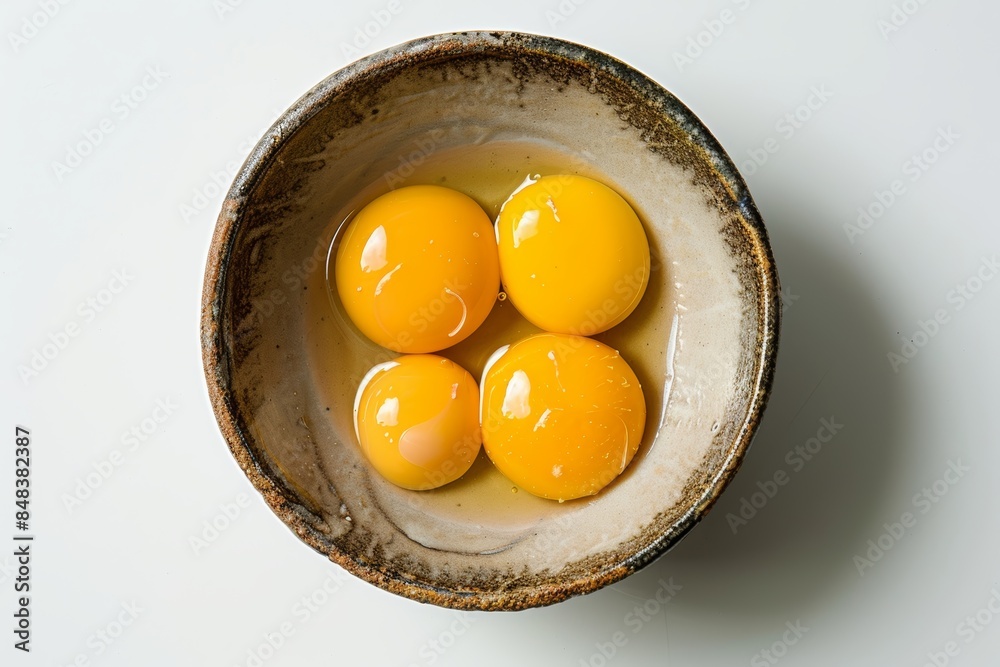 Closeup of fresh egg yolks in white bowl. Macro. Isolated on white. Closeup of fresh egg yolks in white bowl. Macro. Isolated on white.
