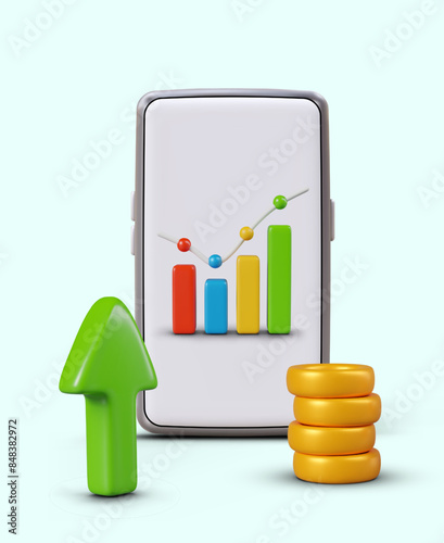 Statistics phone application. Realistic smartphone with chart on screen, column of coins, arrow up