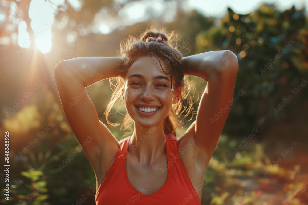 Smiling woman in red sportswear stretching outdoors with sunlight filtering through trees. Fitness and wellness concept. Design for poster, banner, and greeting card
