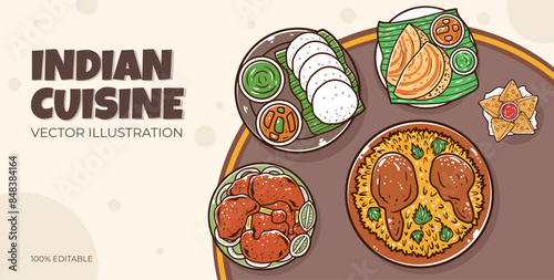 Indian cuisine restaurant dishes vector illustration
