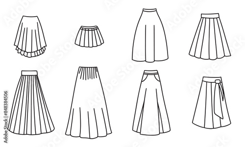 Collection skirt in doodle style isolated on white background. Hand drawn vector art.