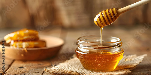 close-up of a stack of pancakes being drizzled with honey from a jar on a wooden table