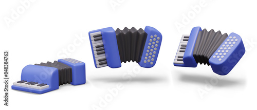 Realistic blue accordion in different positions. Set of vector templates