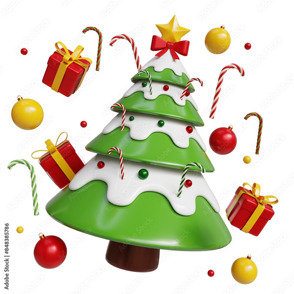 Naklejka premium Christmas tree 3d illustration. Christmas decoration 3d icon on transparent background