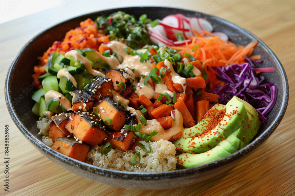 A colorful bowl of food with a variety of vegetables and nuts. The bowl is placed on a counter with other bowls and spices. Scene is healthy and inviting A colorful bowl of food with a variety of vegetables and nuts. The bowl is placed on a counter with other bowls and spices. Scene is healthy and inviting