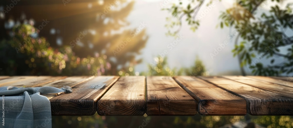 Wooden table with cloth on empty deck against blurred background Wooden table with cloth on empty deck against blurred background