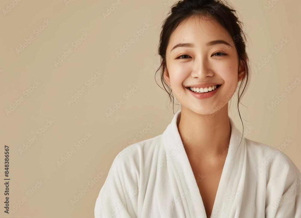 Linda mulher asiática com pele limpa e fresca, vestindo roupão branco e sorrindo em fundo bege no estúdio, conceito de beleza para spa, modelo Linda mulher asiática com pele limpa e fresca, vestindo roupão branco e sorrindo em fundo bege no estúdio, conceito de beleza para spa, modelo