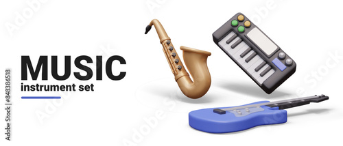 Set of wind, string, electronic keyboard musical instruments