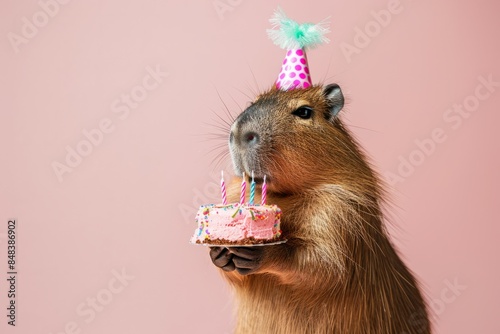 Funny capybara with birthday cake greeting card