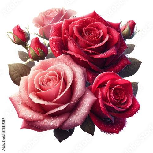 Red and pink rose with water drops isolated on transparent background
