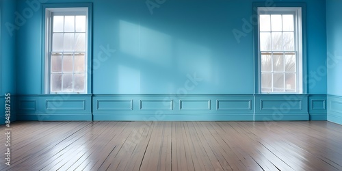 A description of an empty room with blue walls, a lone window, and a wooden floor. Concept Empty Room, Blue Walls, Wooden Floor, Lone Window photo