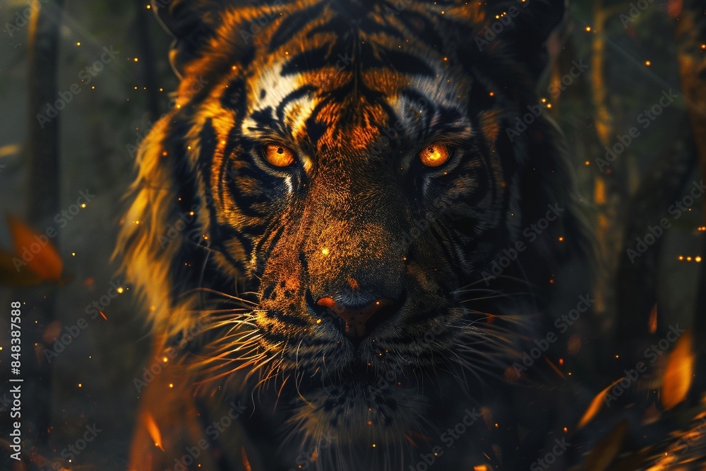 A roaring tiger's face in extreme close-up, amber eyes piercing, with shafts of light illuminating the lush greenery of a dense forest. A roaring tiger's face in extreme close-up, amber eyes piercing, with shafts of light illuminating the lush greenery of a dense forest.