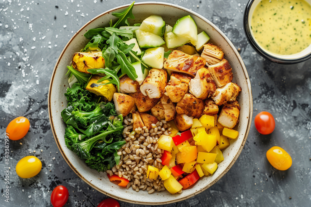A bowl of food with chicken, broccoli, and carrots. The bowl is on a gray surface A bowl of food with chicken, broccoli, and carrots. The bowl is on a gray surface