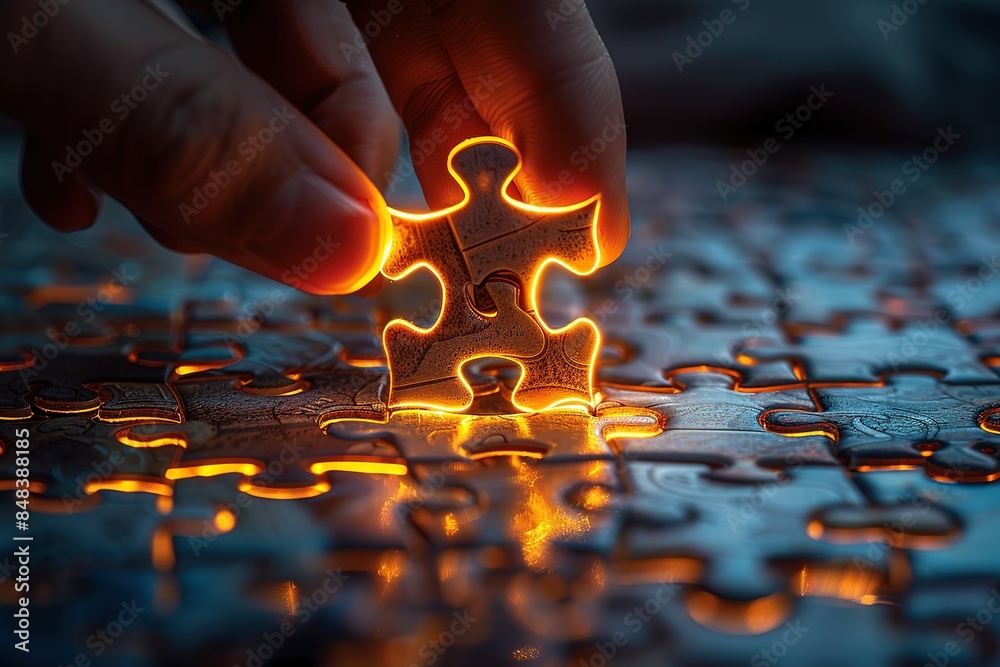 A hand is holding a puzzle piece with a glowing light on it A hand is holding a puzzle piece with a glowing light on it