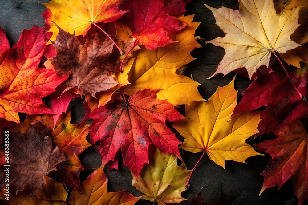Fallen colorful and withered maple leaves on dark surface. Autumn leaves background, top view. Celebrate fall, Thanksgiving, Halloween. Fallen colorful and withered maple leaves on dark surface. Autumn leaves background, top view. Celebrate fall, Thanksgiving, Halloween.