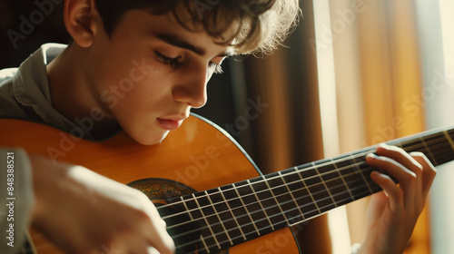 Jovem Músico Focado em Guitarra Clássica. Guitarrista imerso em uma performance melódica photo