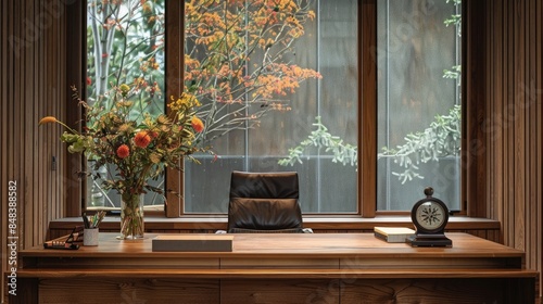 Pacific Northwest Executive Desk: A sophisticated and minimalist workstation, accentuated with a vase of local flowers and an antique compass, reflecting the natural and industrial elements of the reg