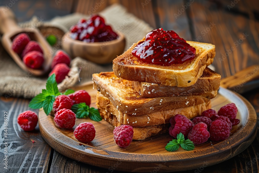 Toast breads with sweet raspberry jam on wooden table Toast breads with sweet raspberry jam on wooden table