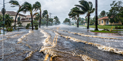 Homes on flooded street during a hurricane, tropical storm, Florida, wide banner photo