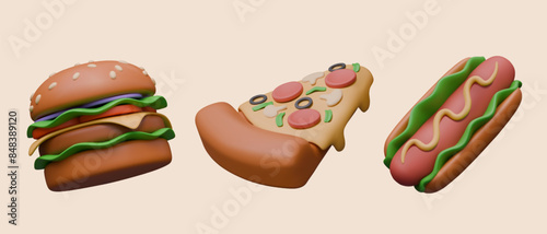 Set of fast food icons in 3D plasticine style. Burger, slice of pizza, hot dog