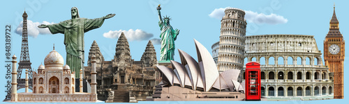 collage of famous landmarks on blue sky background. world heritage