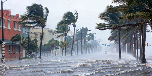 Flooded downtown area during a hurricane or tropical storm. Fictitious depiction, artist's impression, Florida, wide banner photo