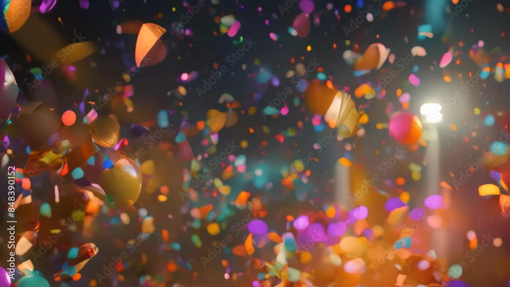 Colorful confetti and streamers create a whirlwind on a black backdrop, A whirlwind of confetti and streamers falling from the ceiling Colorful confetti and streamers create a whirlwind on a black backdrop, A whirlwind of confetti and streamers falling from the ceiling