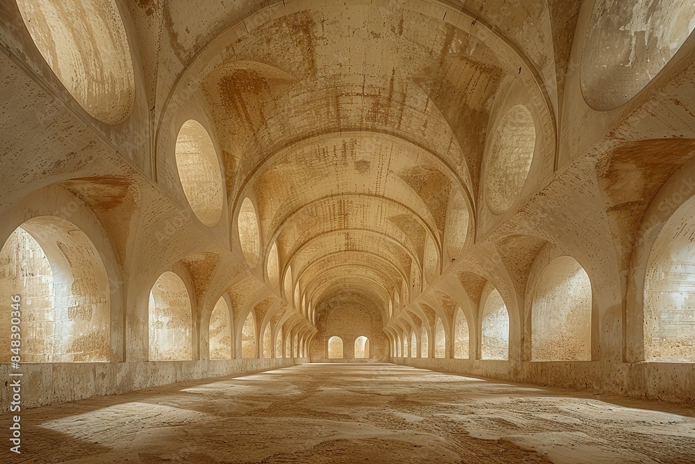 A large, empty room with arched ceilings and a lot of space A large, empty room with arched ceilings and a lot of space