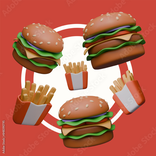Vertical poster with circle of 3D burgers, paper packages with fries