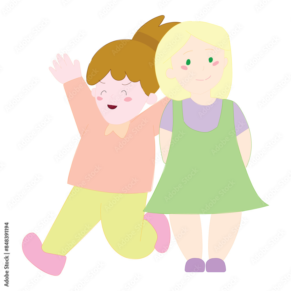 Happy Cartoon Girl in Green Dress And Cartoon Girl Jumping with Joy Vector Illustration EPS10 Happy Cartoon Girl in Green Dress And Cartoon Girl Jumping with Joy Vector Illustration EPS10