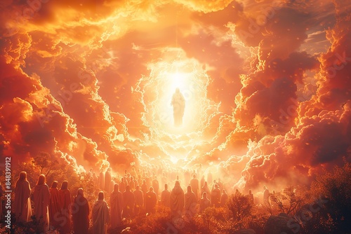 A glowing figure of Jesus Christ rises through a fiery sunset sky, surrounded by clouds and a crowd of people