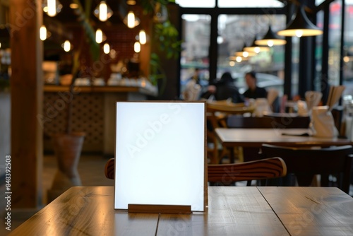 White blank restaurant menu sign on a table