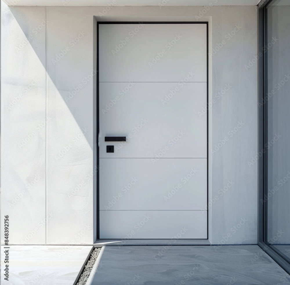 a modern white aluminum door featuring a sleek black handle. The door has a minimalist, horizontal panel design and is set against a plain white wall