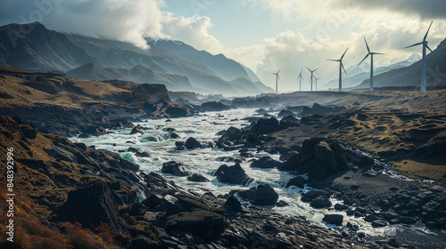 A stormy landscape in mountains with wind farm and stream.