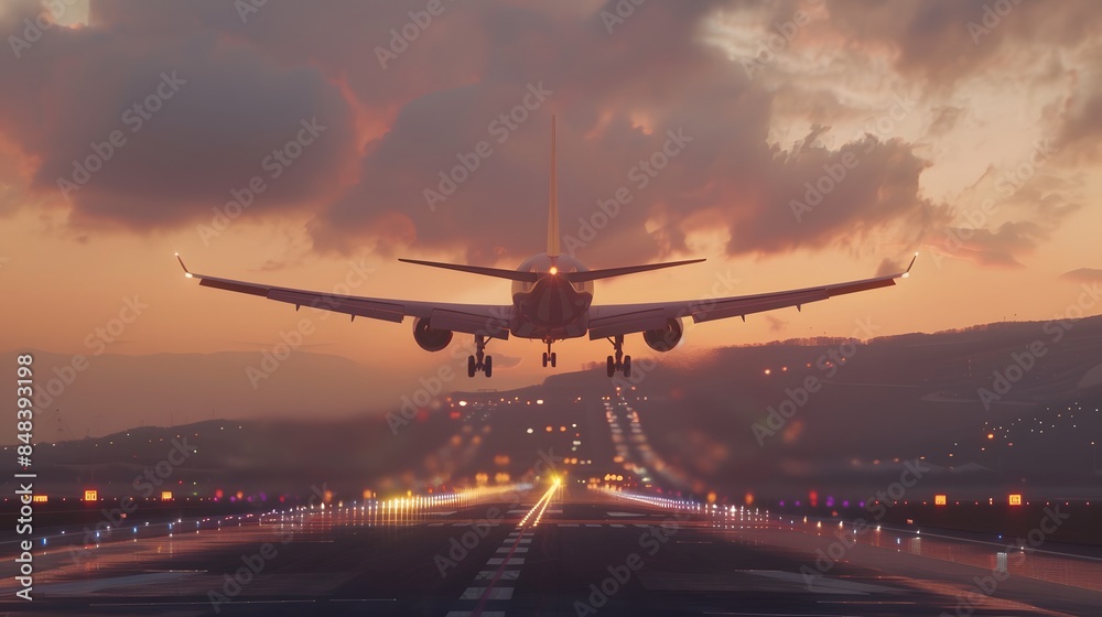 The plane rises from the airport, at sunset The plane rises from the airport, at sunset