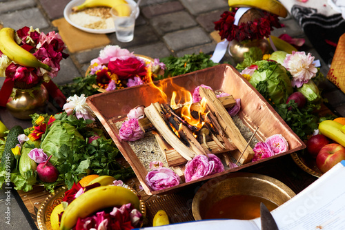 Hindu wedding vivah Yagya Indian Yajna ritual. Indian vedic fire ceremony called Pooja.
