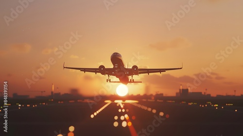 The plane rises from the airport, at sunset