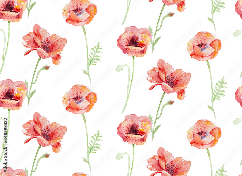Watercolor poppy flower seamless pattern, wild flowers botanic illustration Watercolor poppy flower seamless pattern, wild flowers botanic illustration