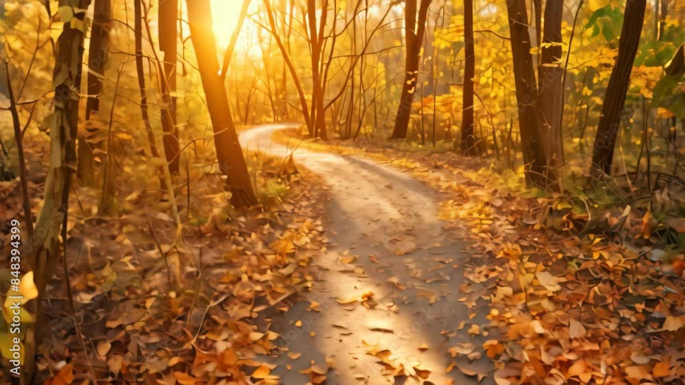 Sun shines through dense forest, casting light on trees and fallen leaves on path, A winding path covered in fallen leaves leading through a sunlit forest Sun shines through dense forest, casting light on trees and fallen leaves on path, A winding path covered in fallen leaves leading through a sunlit forest