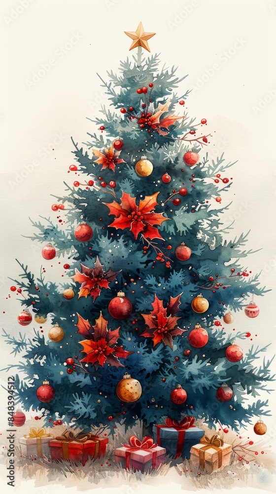 Illustration of a traditional Christmas tree with red and gold ornaments, topped with a star, and surrounded by wrapped presents.
