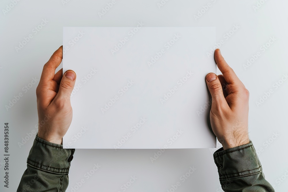 Male hands with blank sheet of paper on white background Male hands with blank sheet of paper on white background