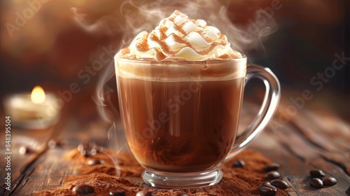 A steaming cup of mocha with whipped cream on a transparent background 