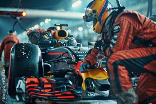 A close-up shot of focused mechanics working on a Formula One race car during a pit stop