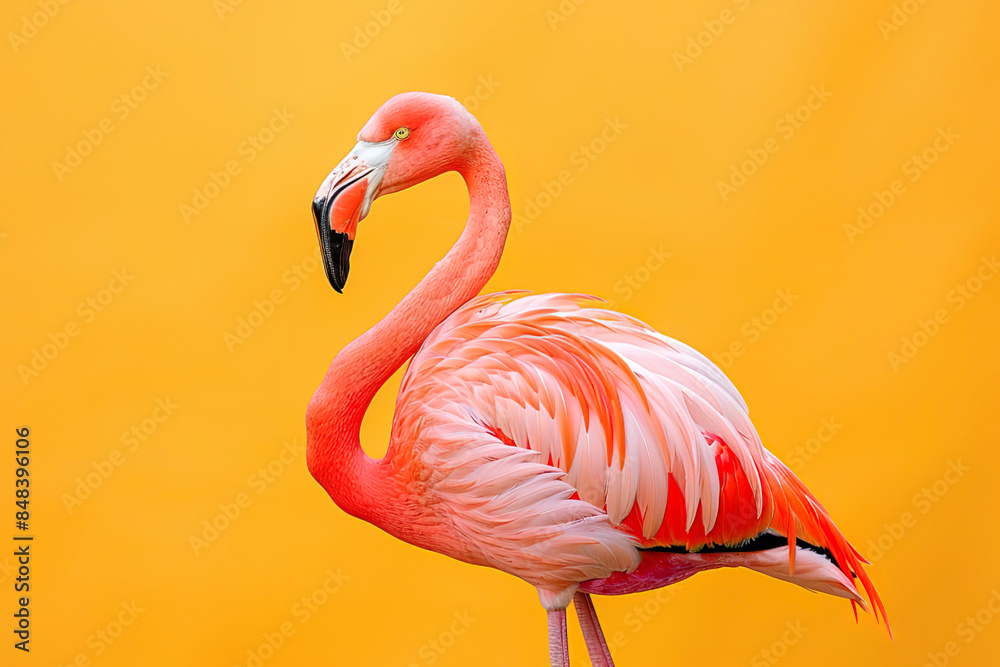 Obraz premium Photo of A pink flamingo standing on one leg isolated against an orange background