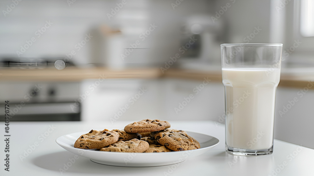 Plate with cookies and glass of milk on table in modern kitchen Plate with cookies and glass of milk on table in modern kitchen