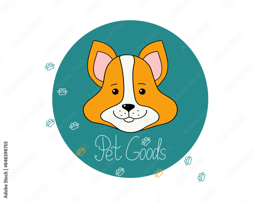 Obraz premium Goods pets. Muzzle cute cartoon dog. Advertising, emblem. Products, Pet food, drawing. Calligraphy, hand lettering. Paw print. Cute puppy Corgi breed. Banner, logo.